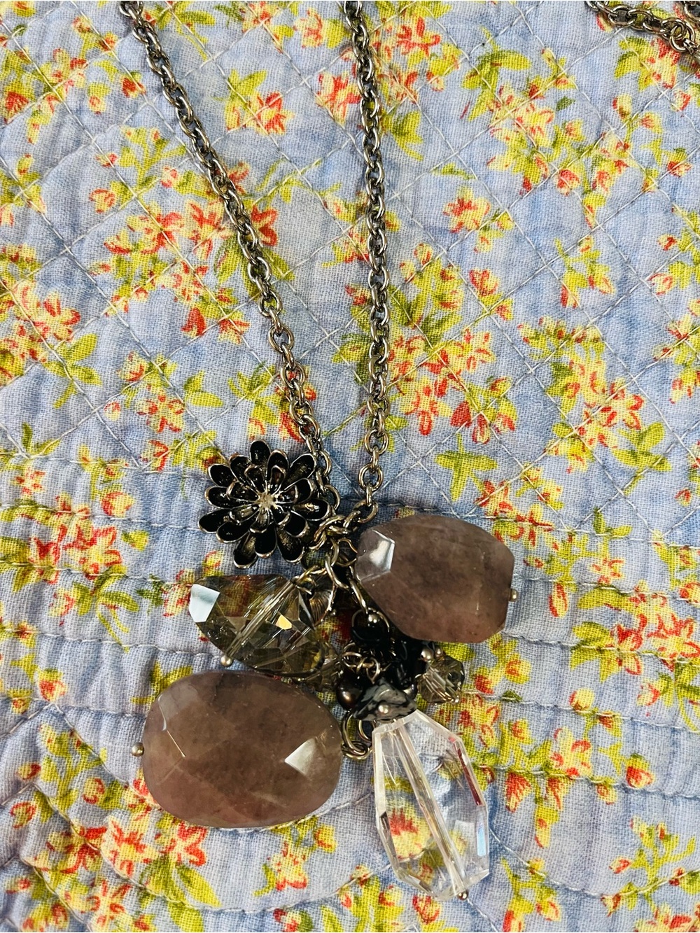Crystal and Rose Quartz Cluster Pendant long Necklace